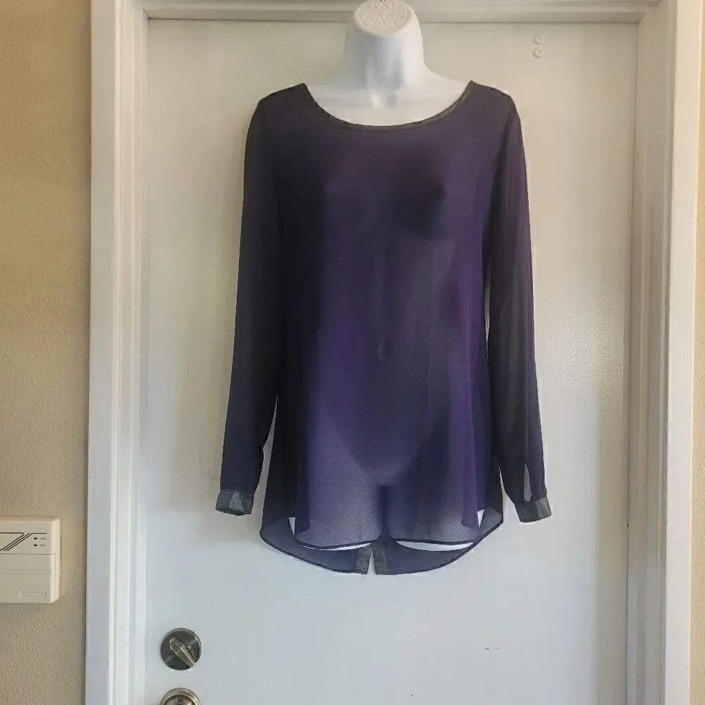 Tory burch sheer royal purple blouse with metallic accents & buttons up the back